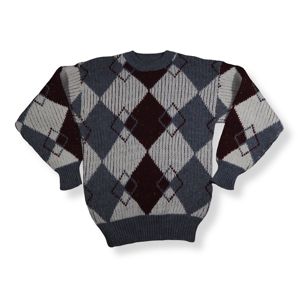 Mark's‎ Sweater Co Argyle Sweater Men's S Grey Burgundy VTG 80s Wool Blend USA